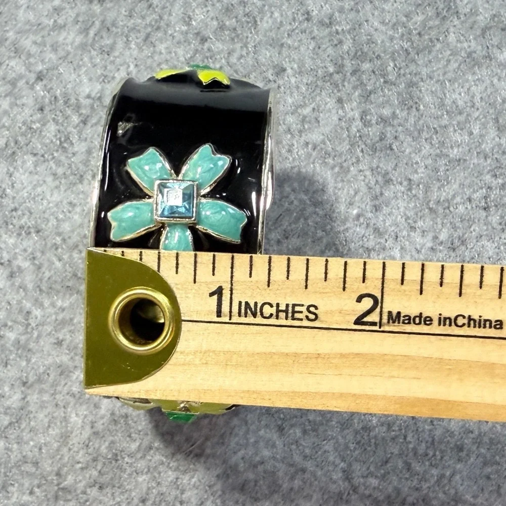 Black Enamel Flower‎ Cuff Bracelet Blue Green Rhinestone Statement Wide Bangle